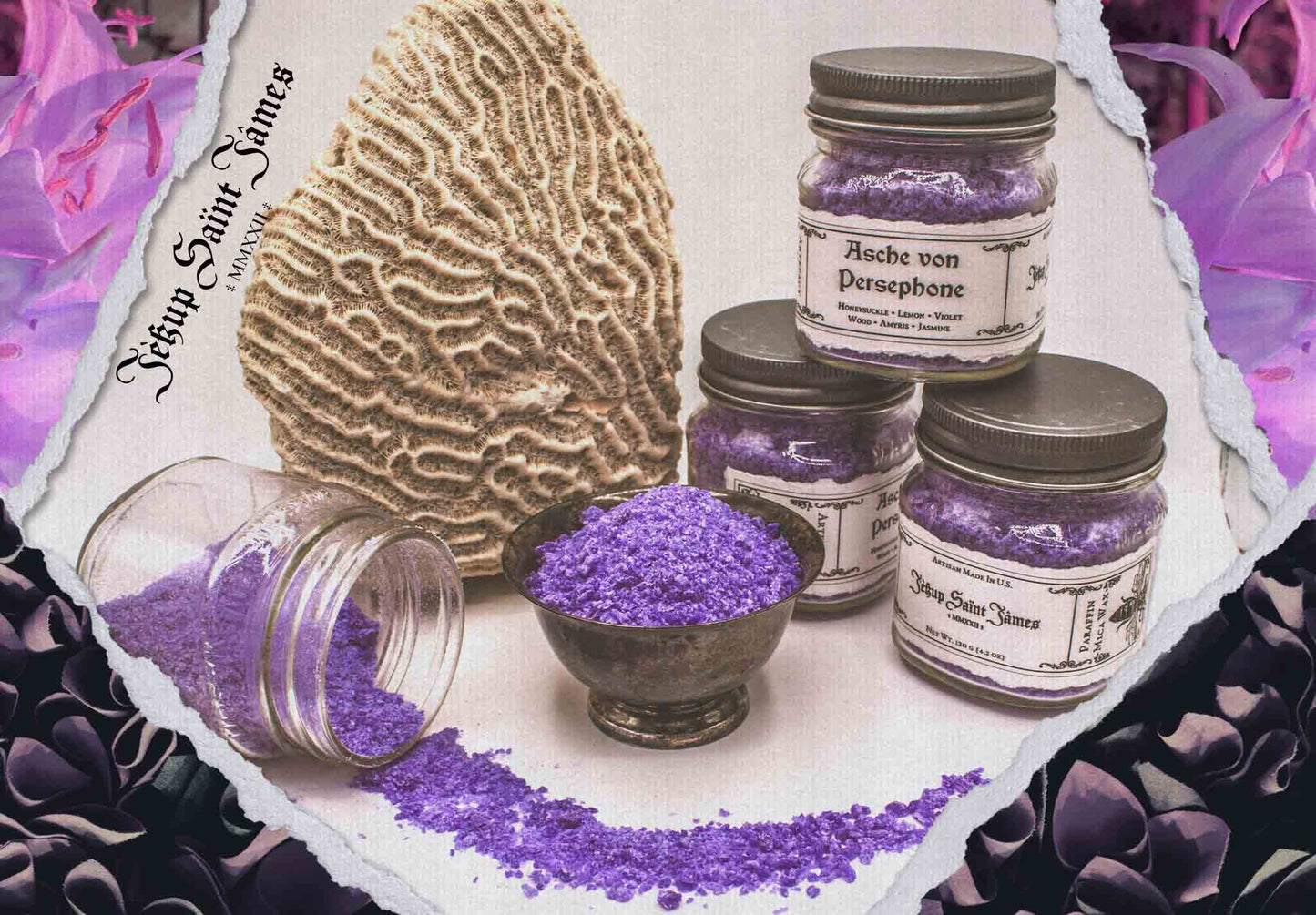 Powdered Wax Melts "Asche von Persephone": Honeysuckle, Violet, Lemon, Jasmine {120g} Handcrafted With Mica