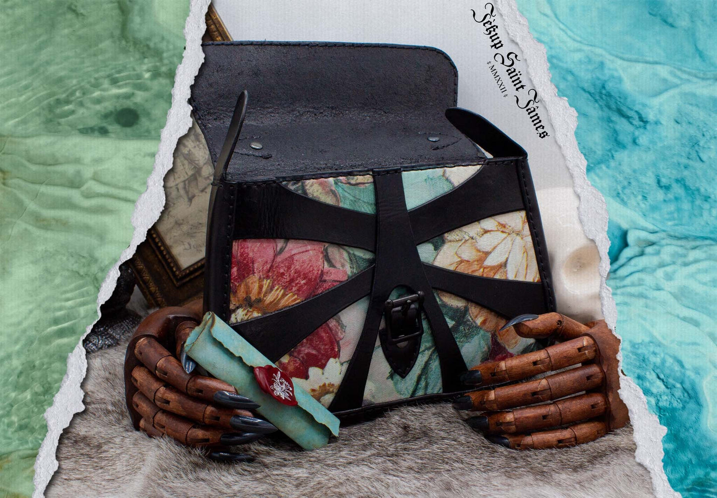 XXIV.Callisto: Leather Handbag Abstract Criss Cross Strap - Aged Shiny Black Carmine Multi