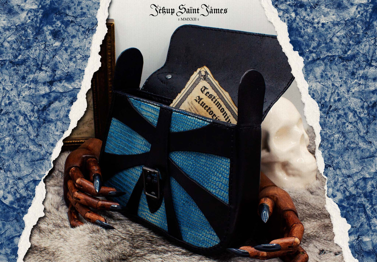 XXIV.Callisto: Leather Handbag Abstract Criss Cross Strap - Aged Shiny Black Capri Blue
