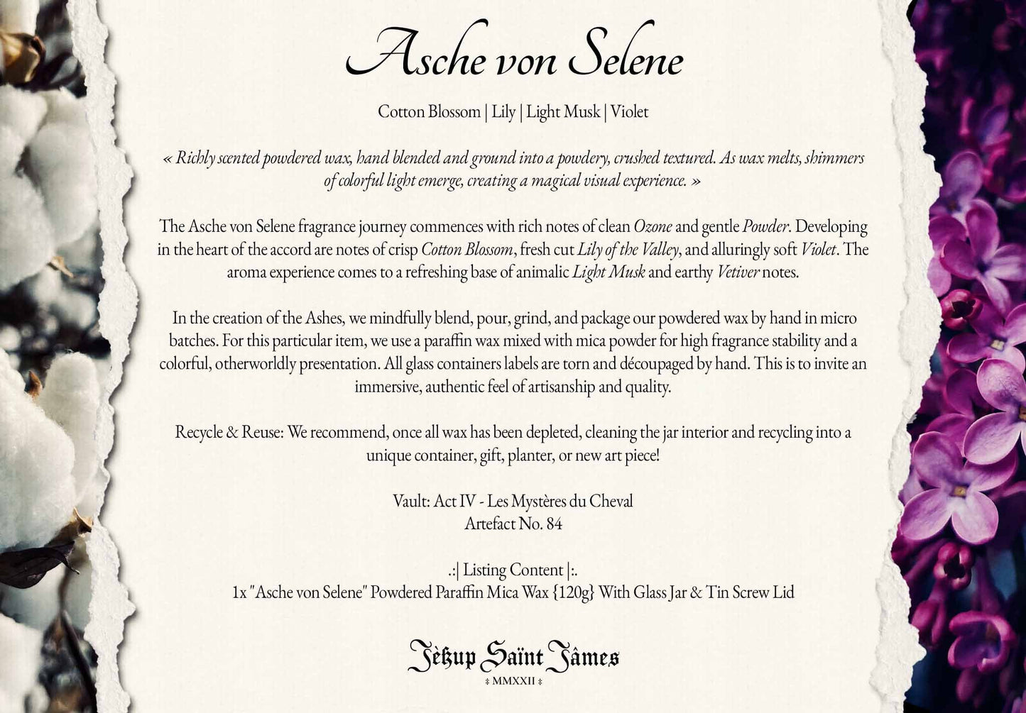 Powdered Wax Melts "Asche von Selene": Cotton Blossom, Violet, Vetiver, Light Musk {120g} Handcrafted With Mica