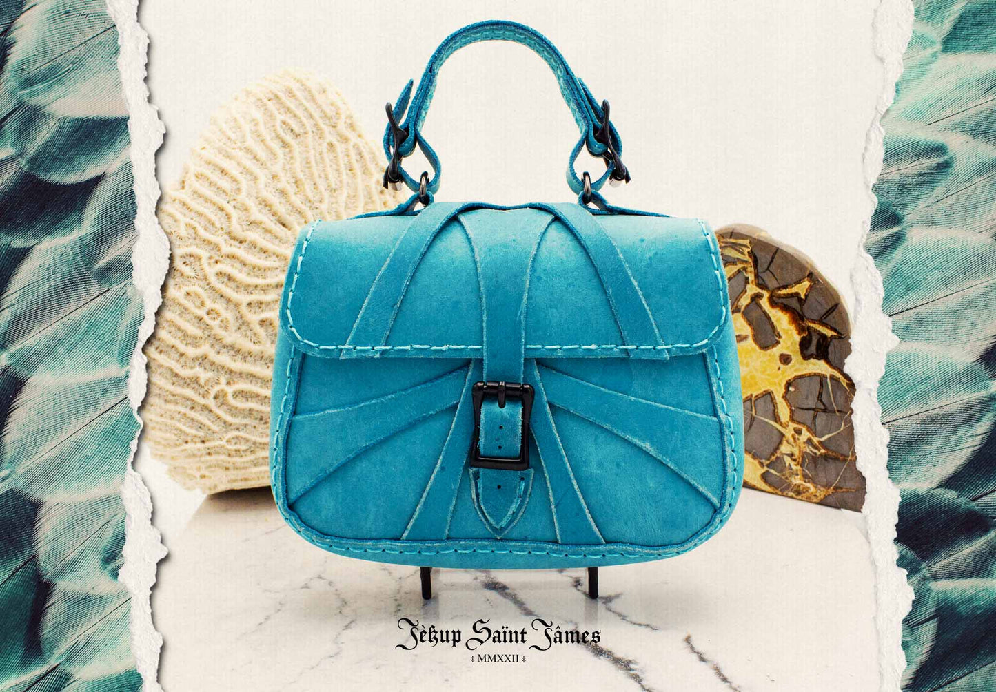 XVI.Callisto: Mini Leather Handbag Abstract Criss Cross Strap Purse - Aged Bright Teal