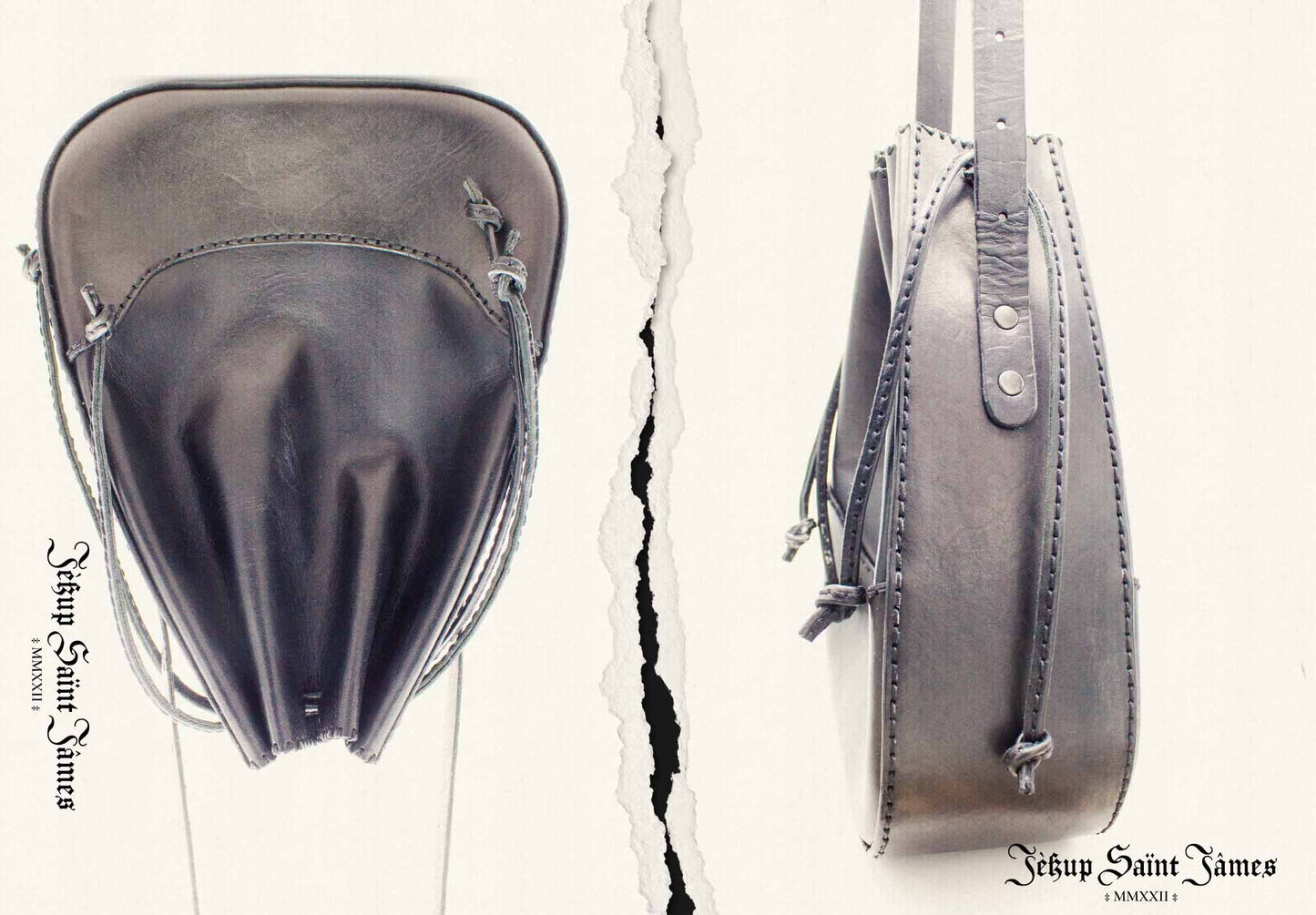 Lerion: Leather Crossbody Bag Yoked Drawstring Bucket Satchel - Aged Shiny Black