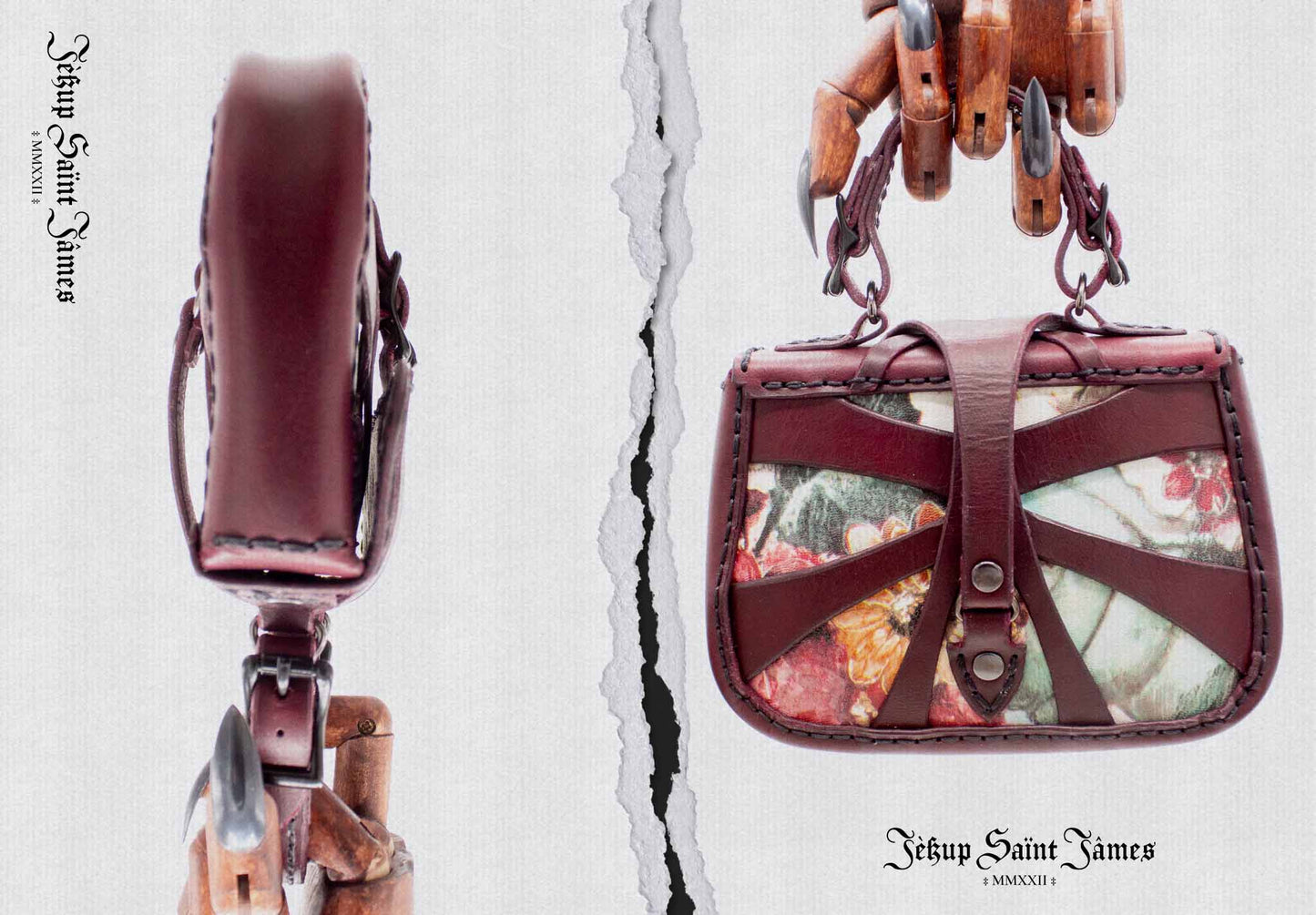 XVI.Callisto: Mini Leather Handbag Print Abstract Criss Cross Strap - Aged Burgundy Multi