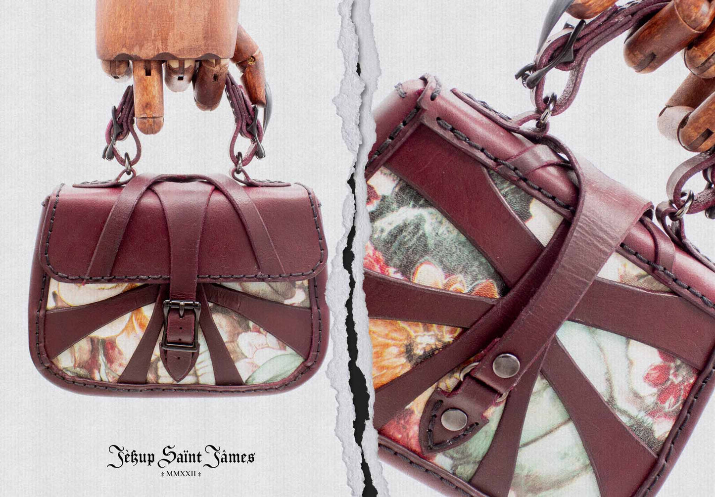 XVI.Callisto: Mini Leather Handbag Print Abstract Criss Cross Strap - Aged Burgundy Multi