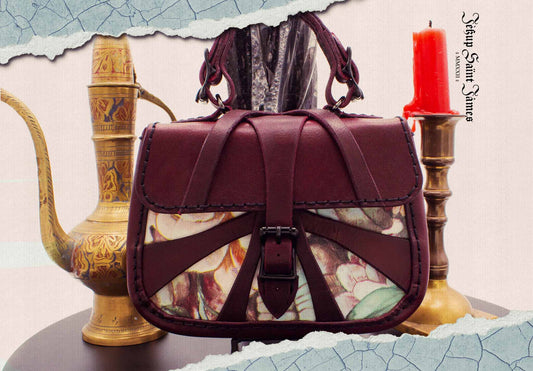 XVI.Callisto: Mini Leather Handbag Print Abstract Criss Cross Strap - Aged Burgundy Multi