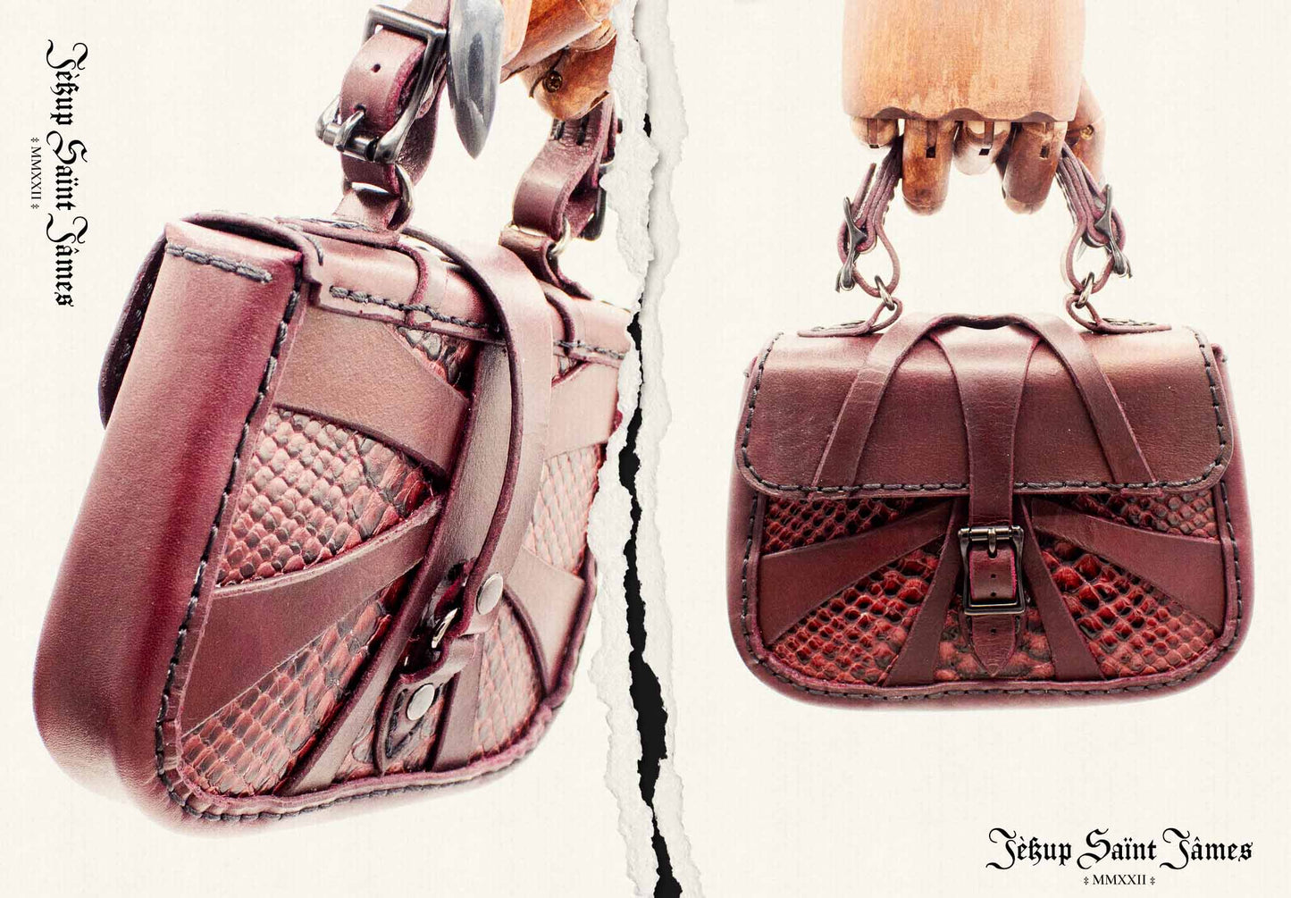 XVI.Callisto: Mini Leather Handbag Snake Abstract Criss Cross Strap - Aged Burgundy Multi