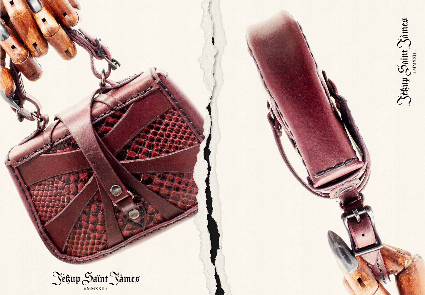 XVI.Callisto: Mini Leather Handbag Snake Abstract Criss Cross Strap - Aged Burgundy Multi