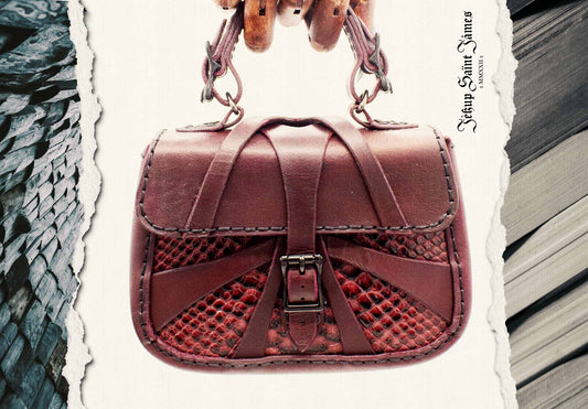 XVI.Callisto: Mini Leather Handbag Snake Abstract Criss Cross Strap - Aged Burgundy Multi