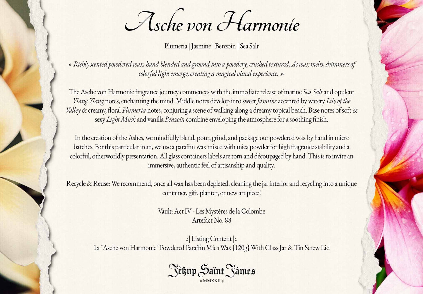 Powdered Wax Melts "Asche von Harmonie": Plumeria, Ylang Ylang, Sea Salt, Light Musk {120g} Handcrafted With Mica