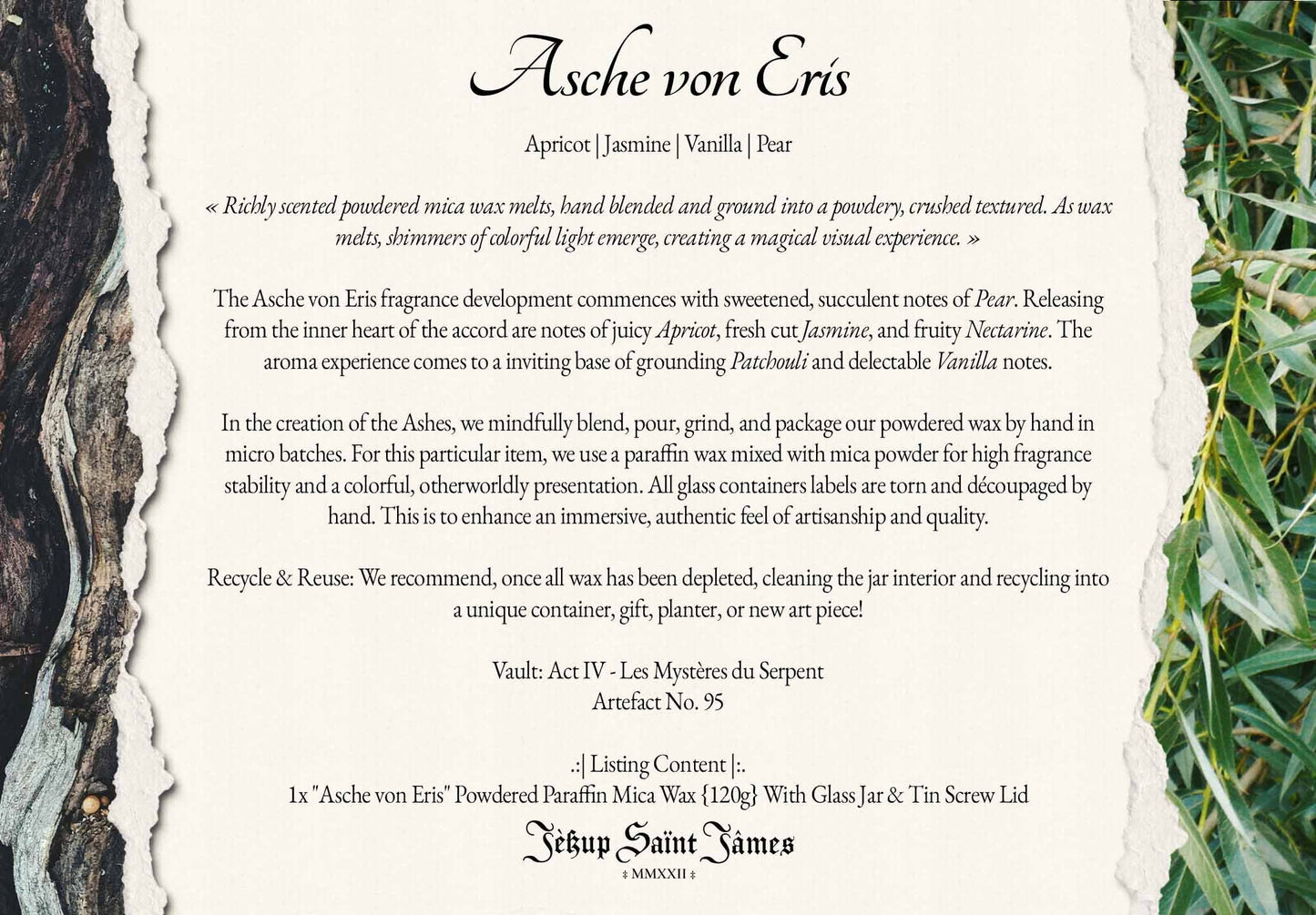 Powdered Wax Melts "Asche von Eris": Pear, Apricot, Vanilla, Lavandin, Patchouli, Vetiver {120g} Handcrafted With Mica