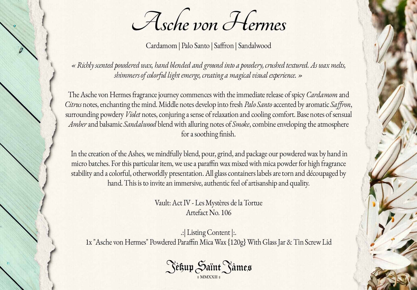 Powdered Wax Melts "Asche von Hermes": Palo Santo, Sandalwood, Saffron, Violet, Smoke {120g} Handcrafted With Mica