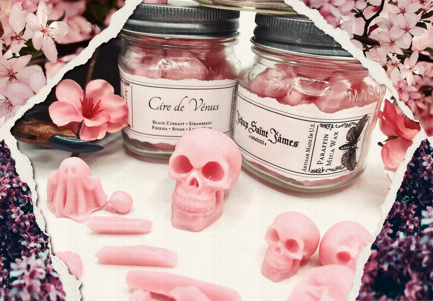 Scented Wax Melts "Cire de Vénus" Skull Crystals & Ghouls: Sweet and Floral Sugar, Freesia, Vanilla {120g} Handcrafted With Mica