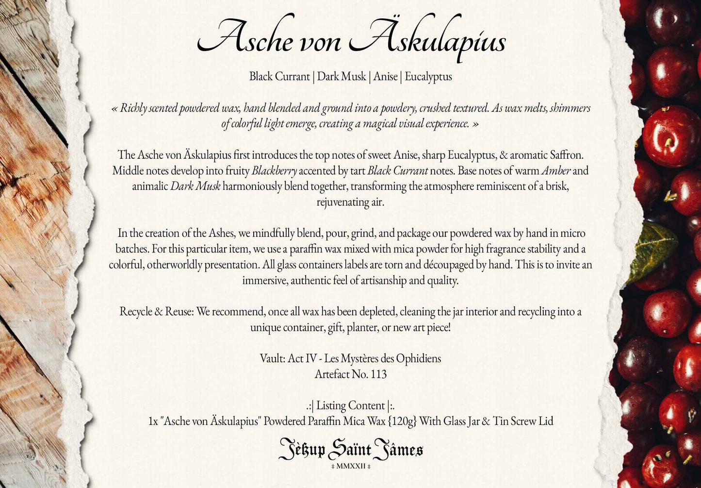 Powdered Wax Melts "Asche von Äskulapius": Anise, Dark Musk, Eucalyptus, Black Currant {120g} Handcrafted With Mica
