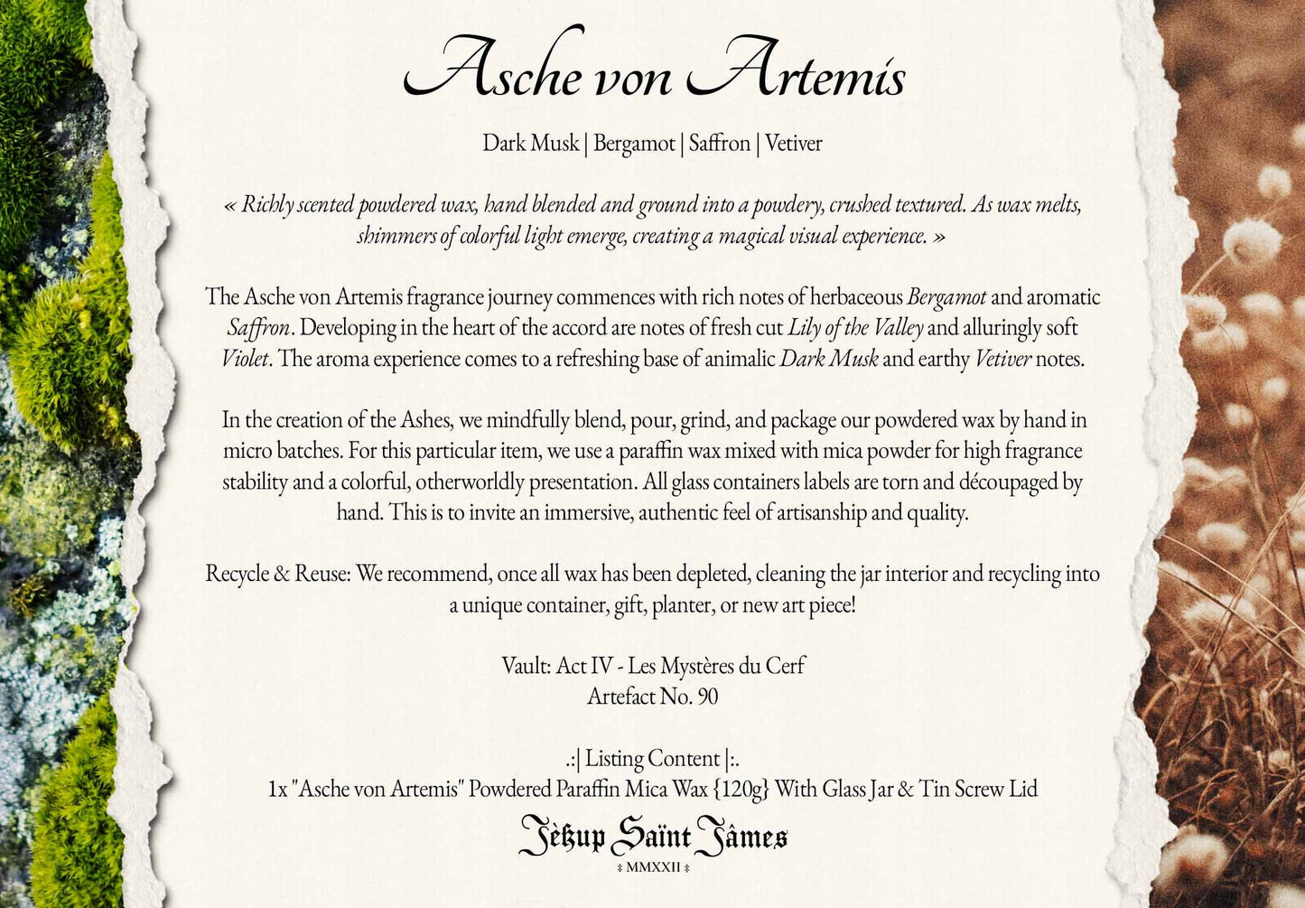 Powdered Wax Melts "Asche von Artemis": Bergamot, Dark Musk, Vetiver, Saffron {120g} Handcrafted With Mica