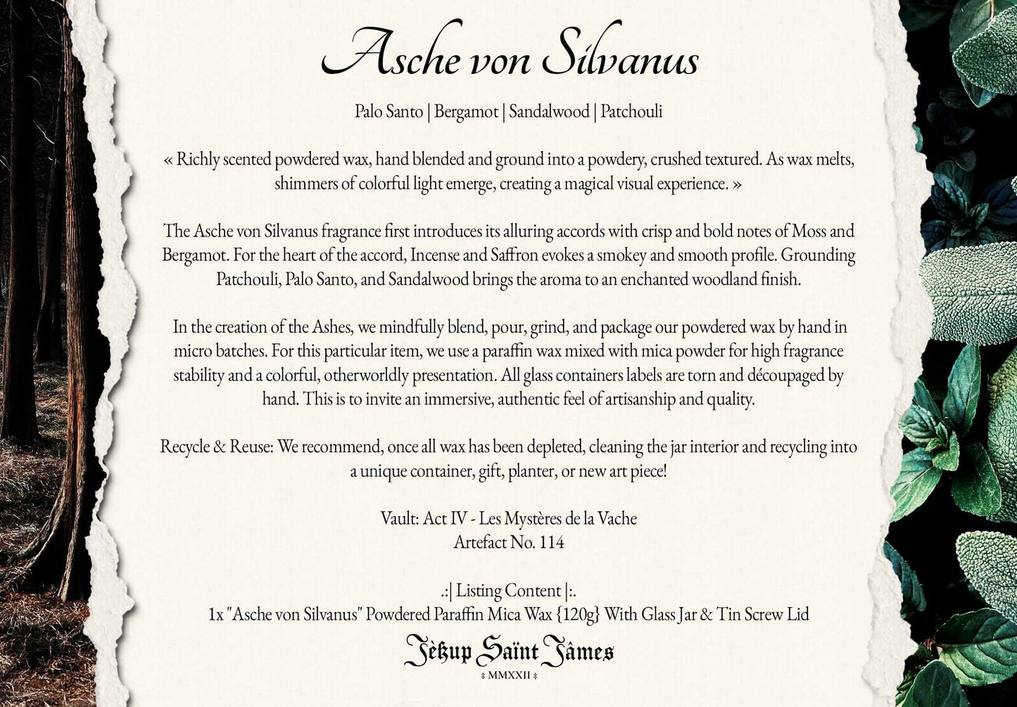 Powdered Wax Melts "Asche von Silvanus": Palo Santo, Moss, Bergamont, Sandalwood, Patchouli, Violet {120g} Handcrafted With Mica