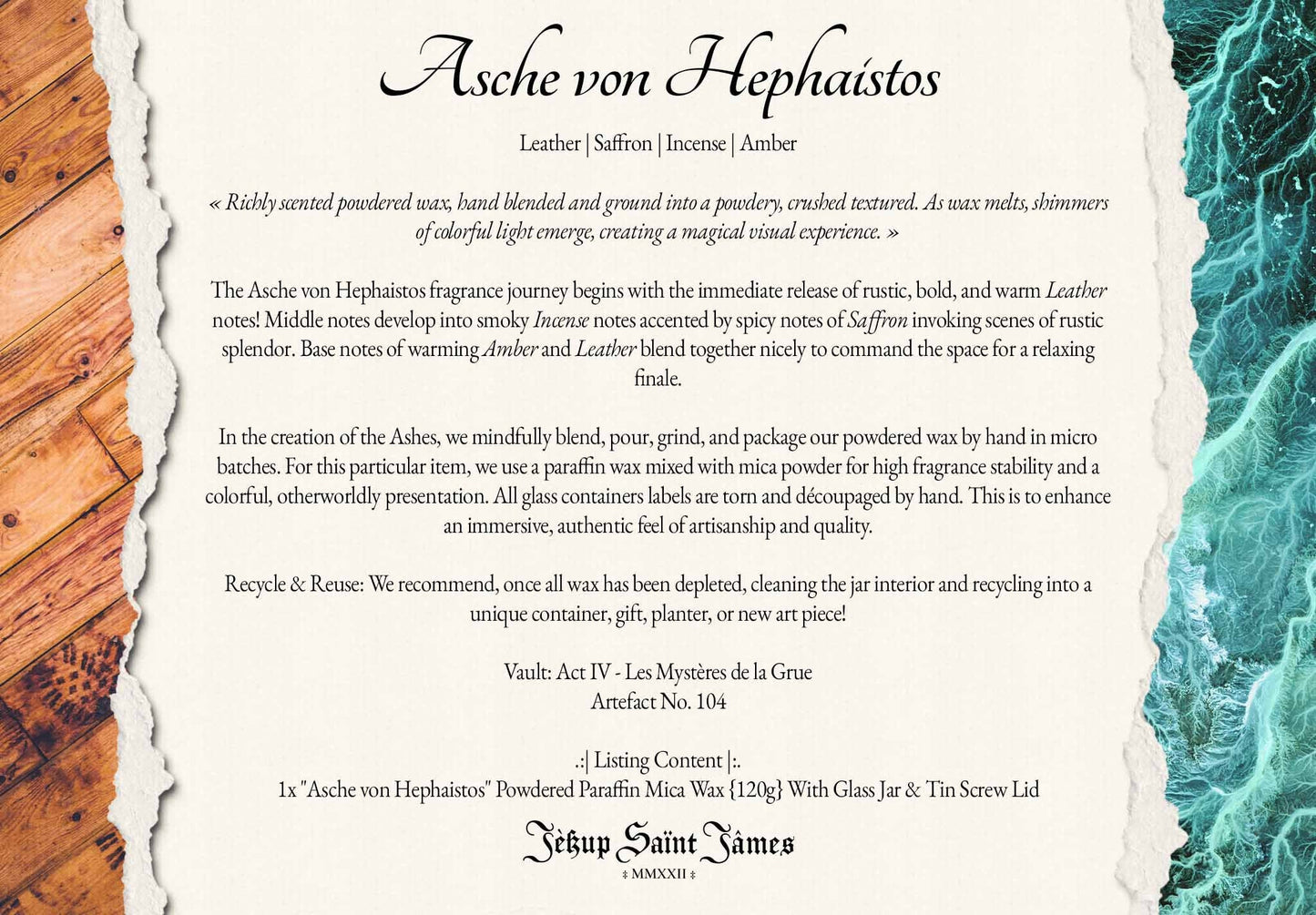 Powdered Wax Melts "Asche von Hephaistos": Leather, Incense, Saffron {120g} Handcrafted With Mica