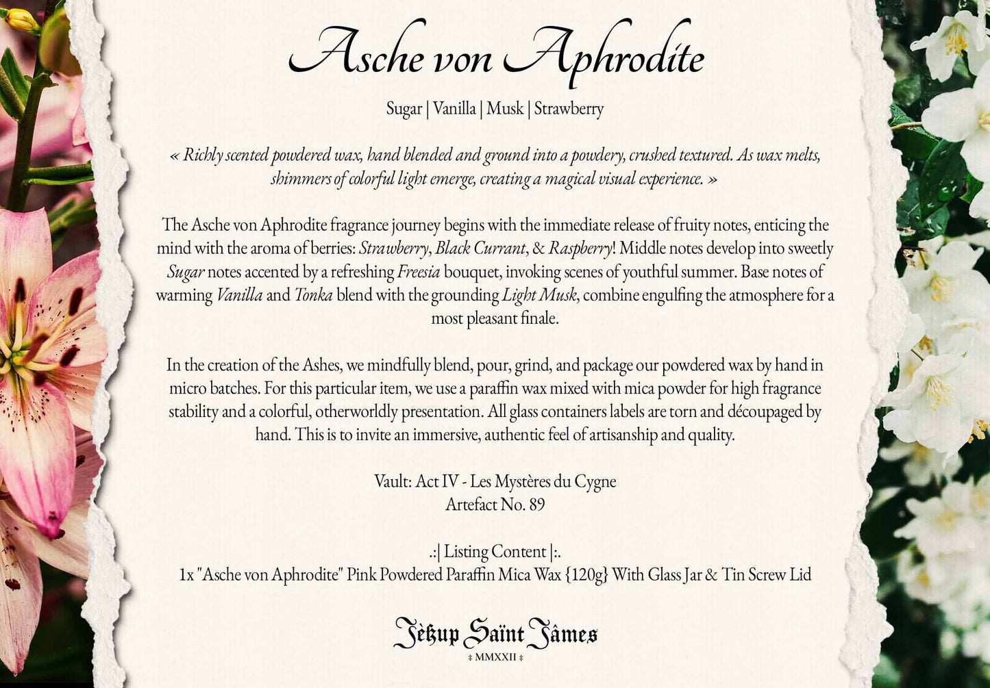 Powdered Wax Melts "Asche von Aphrodite": Sugar, Freesia, Vanilla, Musk, Strawberry {120g} Handcrafted With Mica