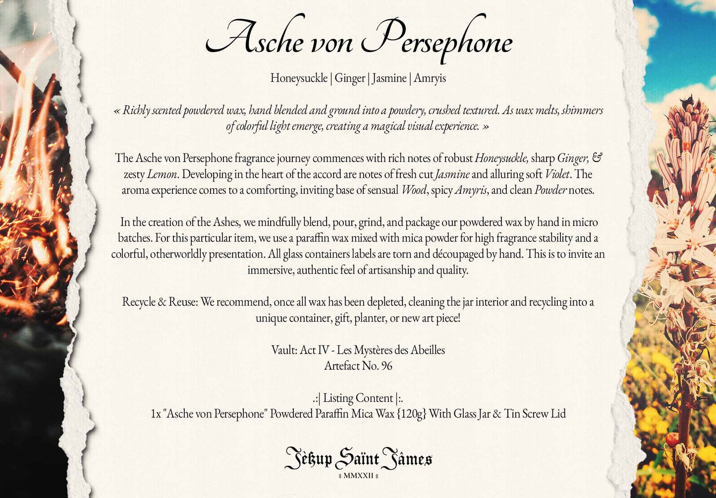 Powdered Wax Melts "Asche von Persephone": Honeysuckle, Violet, Lemon, Jasmine {120g} Handcrafted With Mica