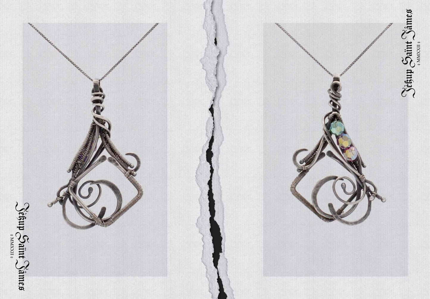 Tiatha: Crystal & Fine Silver Square Flourish Pendant Necklace - Iridescent Pink, Green, Purple