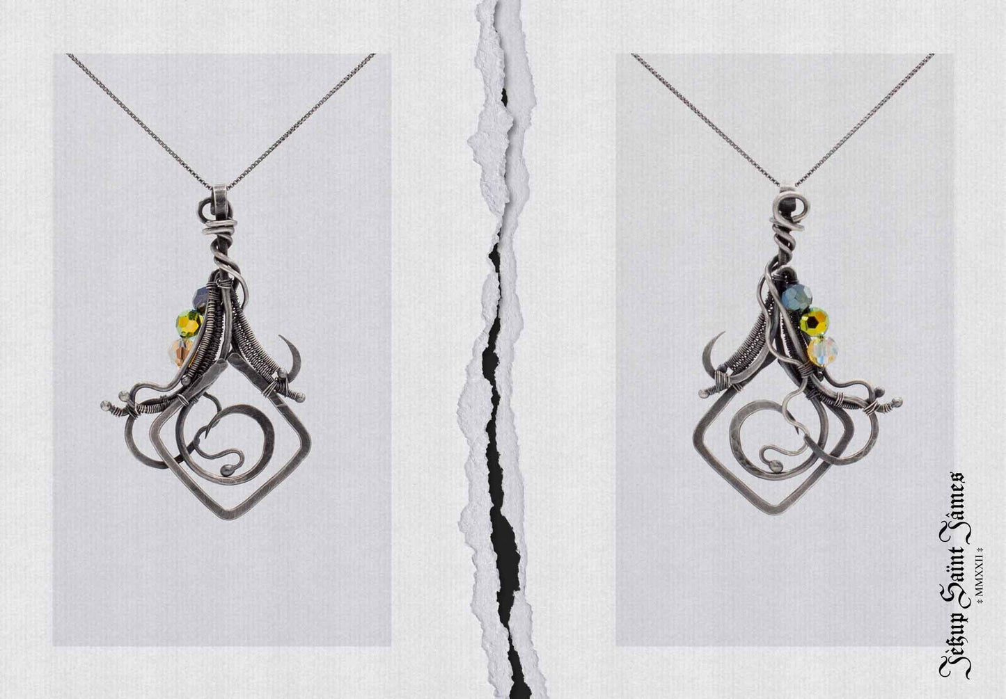 Naertho: Crystal & Fine Silver Square Flourish Pendant Necklace - Iridescent Yellow, Green, Brown