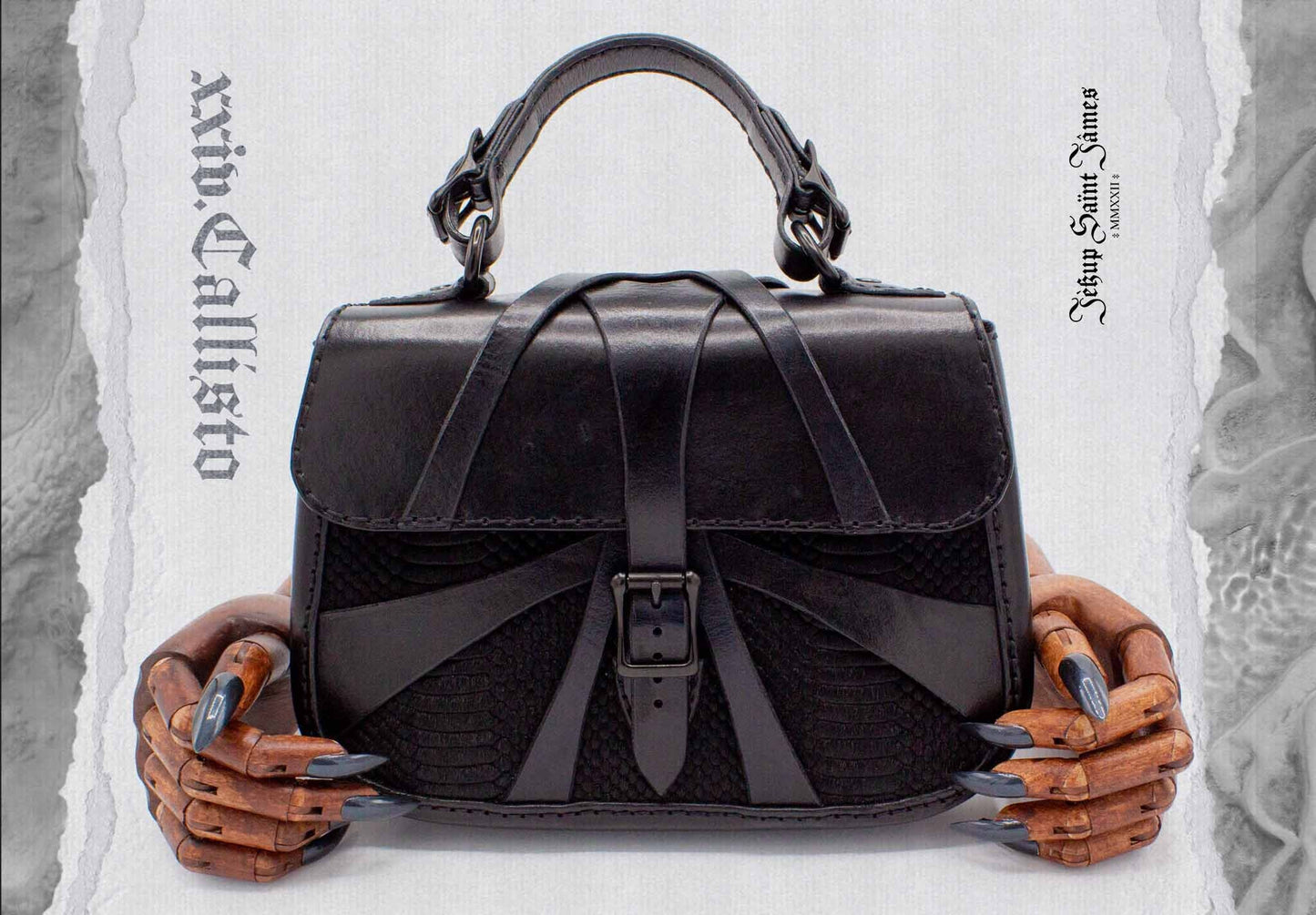 XXIV.Callisto: Leather Handbag Calf Hair Abstract Criss Cross Strap - Aged Shiny Black