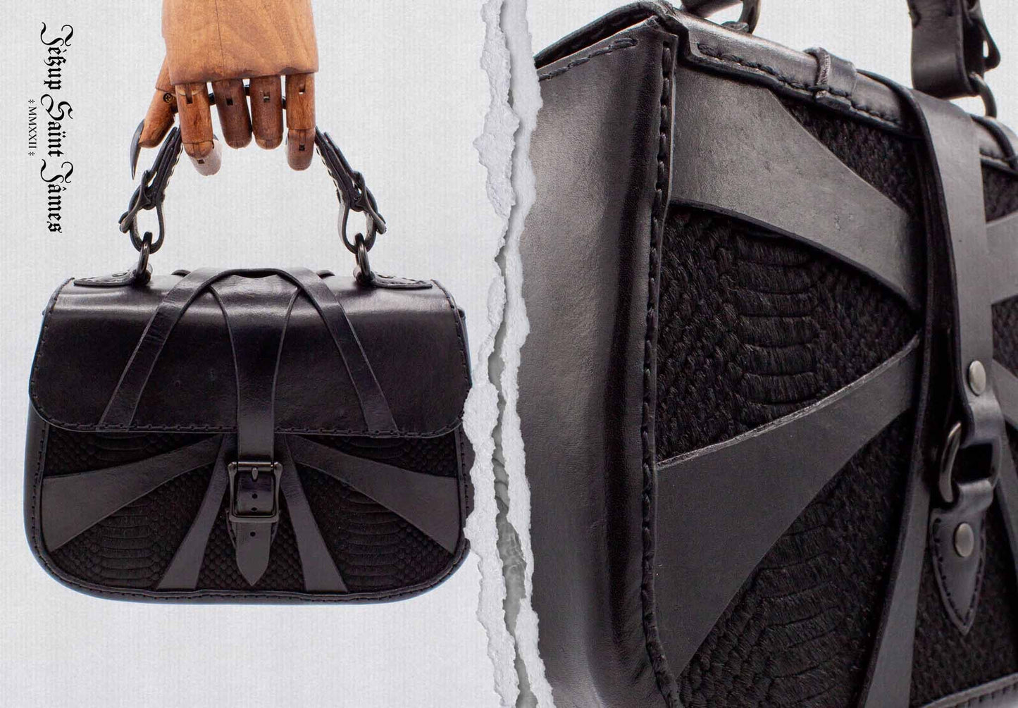 XXIV.Callisto: Leather Handbag Calf Hair Abstract Criss Cross Strap - Aged Shiny Black