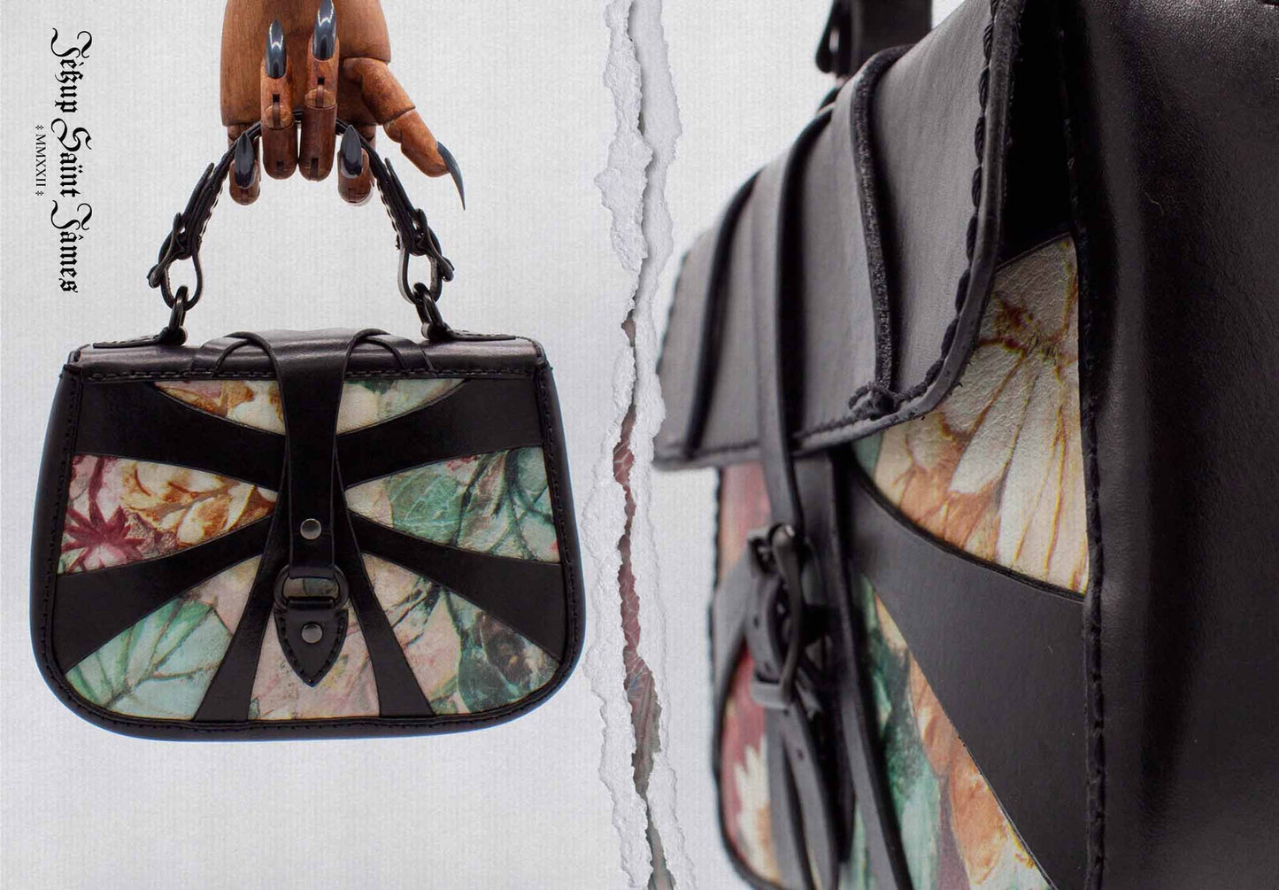 XXIV.Callisto: Leather Handbag Abstract Criss Cross Strap - Aged Shiny Black Carmine Multi
