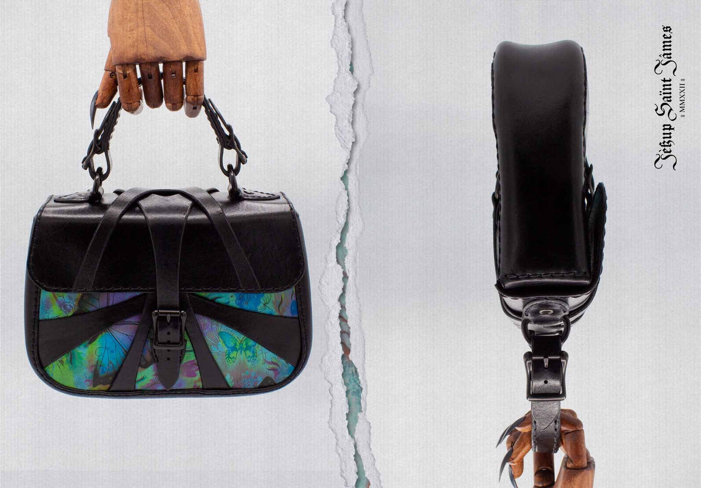 XXIV.Callisto: Leather Handbag Abstract Criss Cross Strap - Aged Shiny Black Pacific Blue