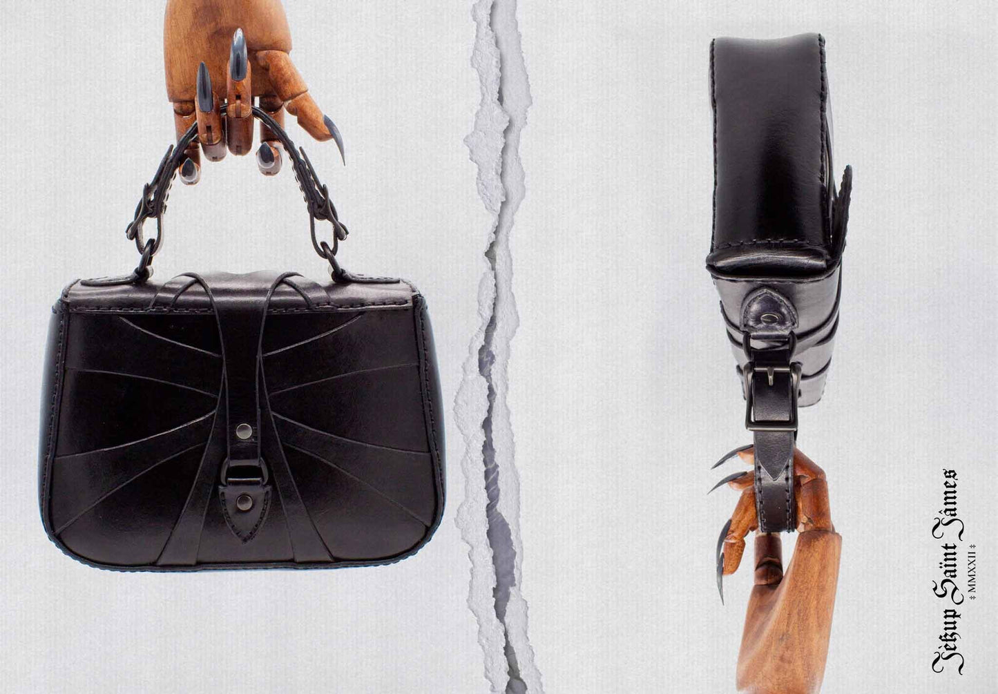 XXIV.Callisto: Leather Handbag Abstract Criss Cross Strap - Aged Shiny Black