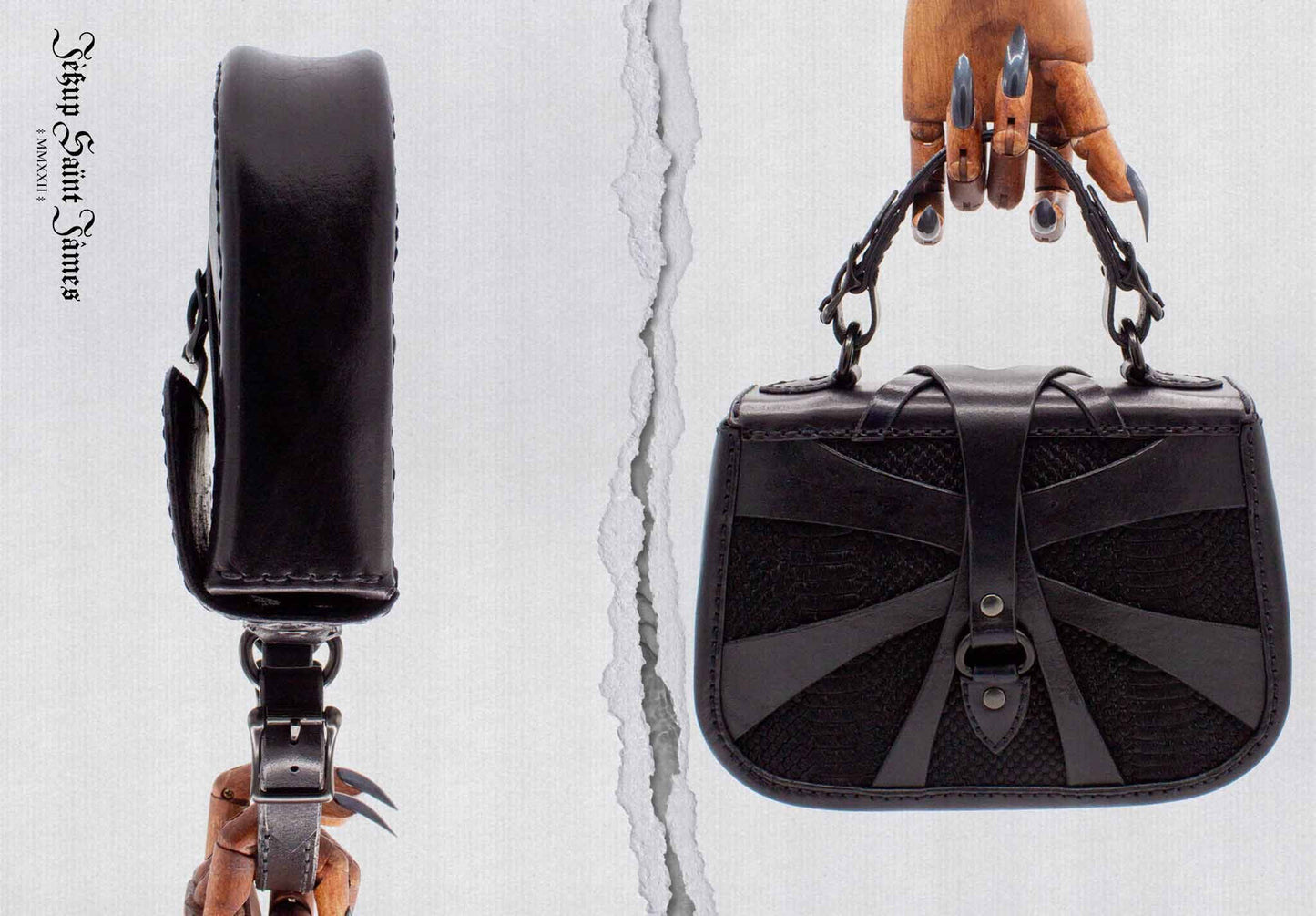 XXIV.Callisto: Leather Handbag Calf Hair Abstract Criss Cross Strap - Aged Shiny Black