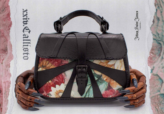 XXIV.Callisto: Leather Handbag Abstract Criss Cross Strap - Aged Shiny Black Carmine Multi