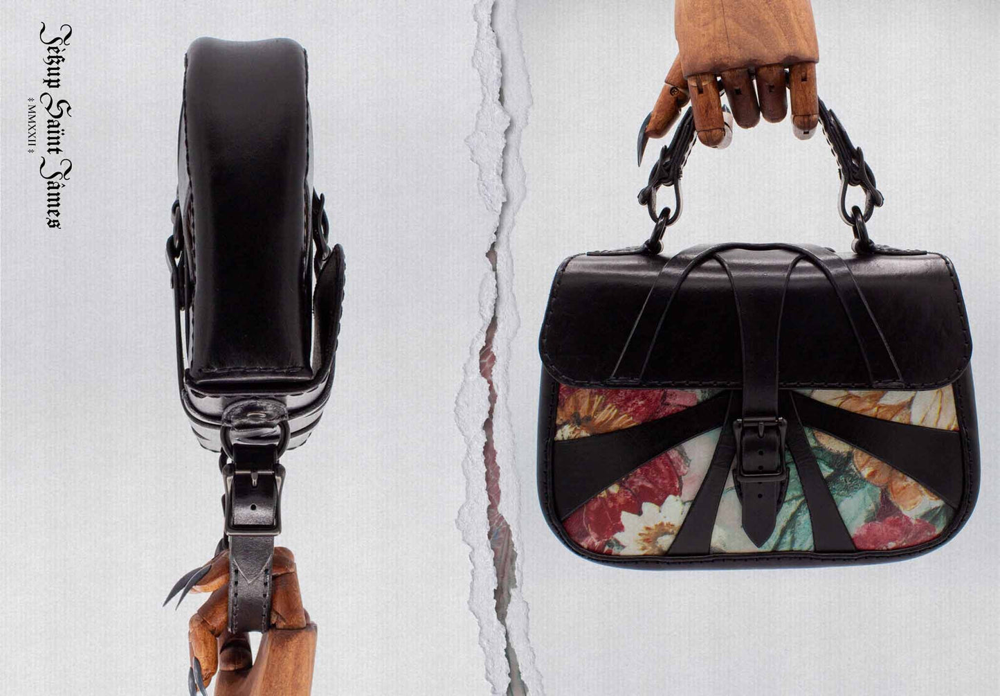 XXIV.Callisto: Leather Handbag Abstract Criss Cross Strap - Aged Shiny Black Carmine Multi
