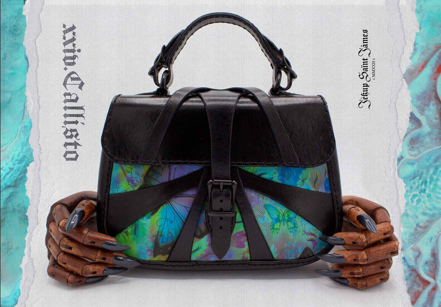 XXIV.Callisto: Leather Handbag Abstract Criss Cross Strap - Aged Shiny Black Pacific Blue