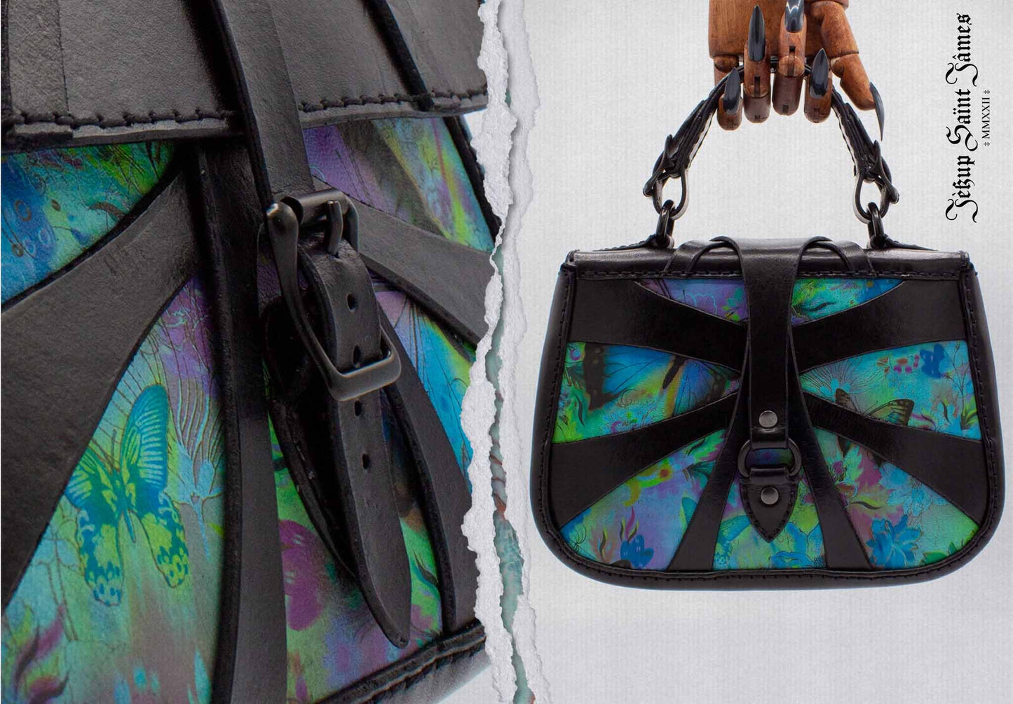 XXIV.Callisto: Leather Handbag Abstract Criss Cross Strap - Aged Shiny Black Pacific Blue