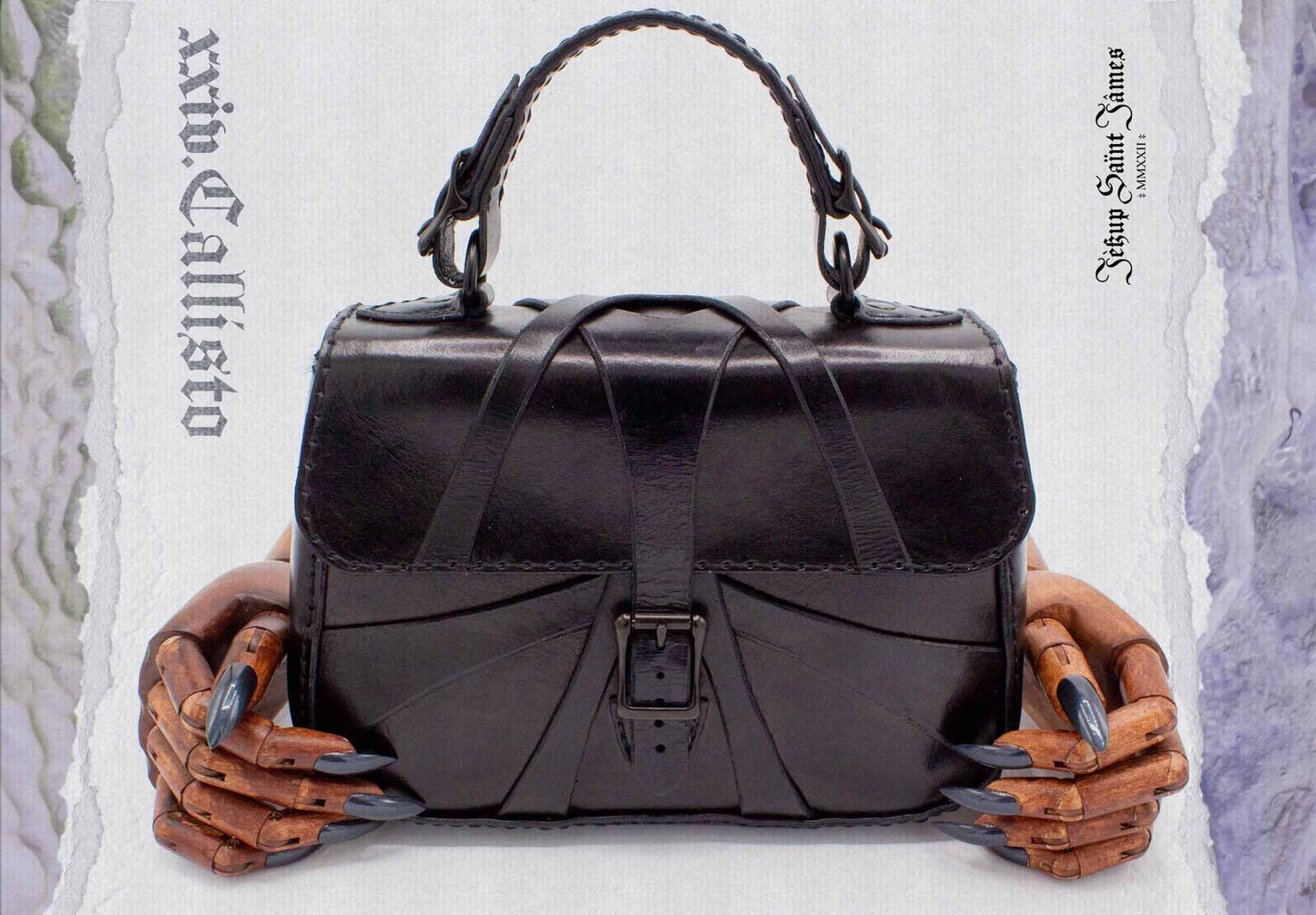 XXIV.Callisto: Leather Handbag Abstract Criss Cross Strap - Aged Shiny Black