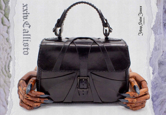 XXIV.Callisto: Leather Handbag Abstract Criss Cross Strap - Aged Shiny Black