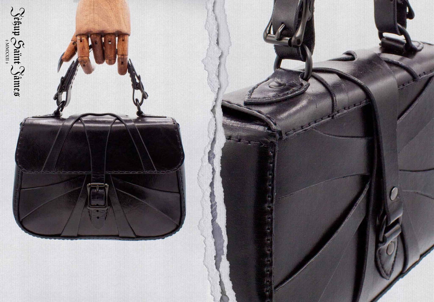 XXIV.Callisto: Leather Handbag Abstract Criss Cross Strap - Aged Shiny Black