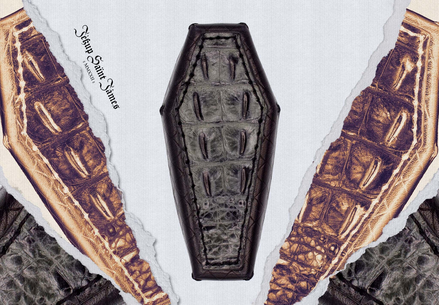 Vesper: Leather Croco Embossed Coffin Box - Aged Black Multi