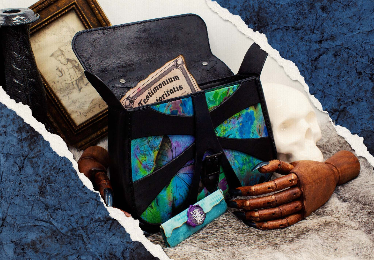 XXIV.Callisto: Leather Handbag Abstract Criss Cross Strap - Aged Shiny Black Pacific Blue