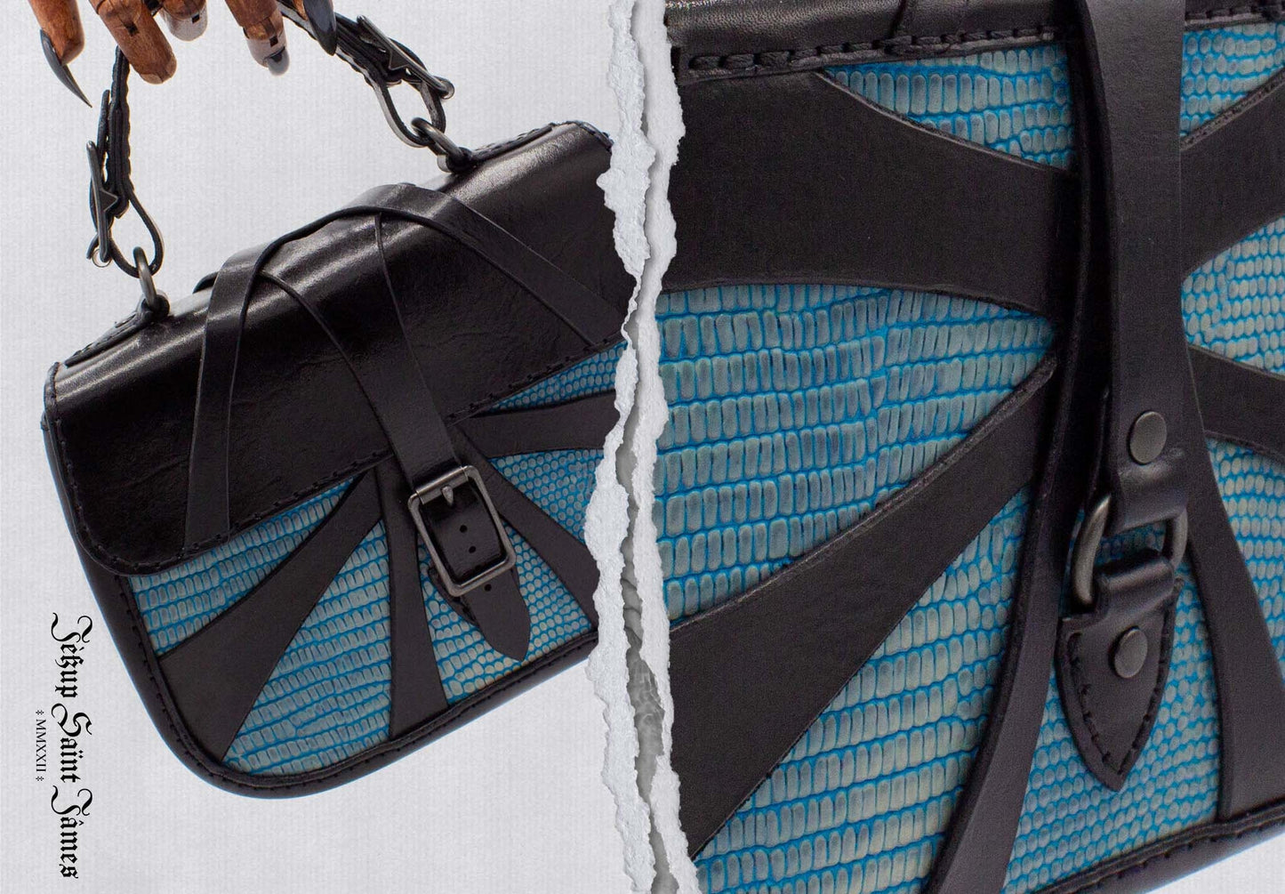 XXIV.Callisto: Leather Handbag Abstract Criss Cross Strap - Aged Shiny Black Capri Blue