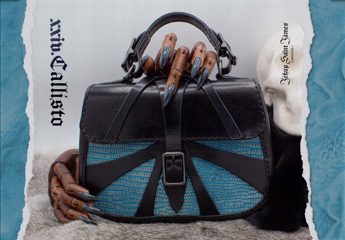 XXIV.Callisto: Leather Handbag Abstract Criss Cross Strap - Aged Shiny Black Capri Blue