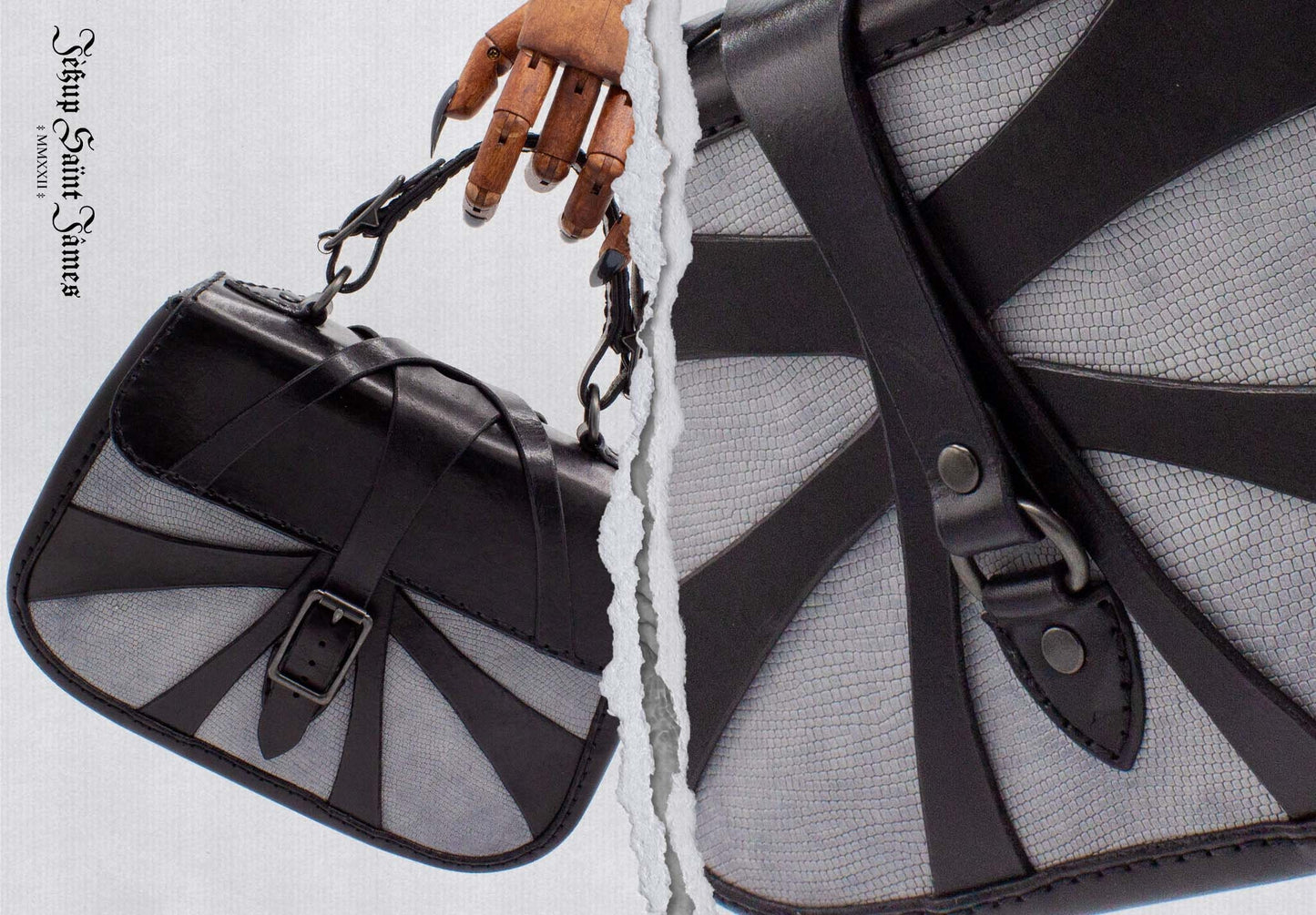 XXIV.Callisto: Leather Handbag Abstract Criss Cross Strap - Aged Shiny Black Pebble