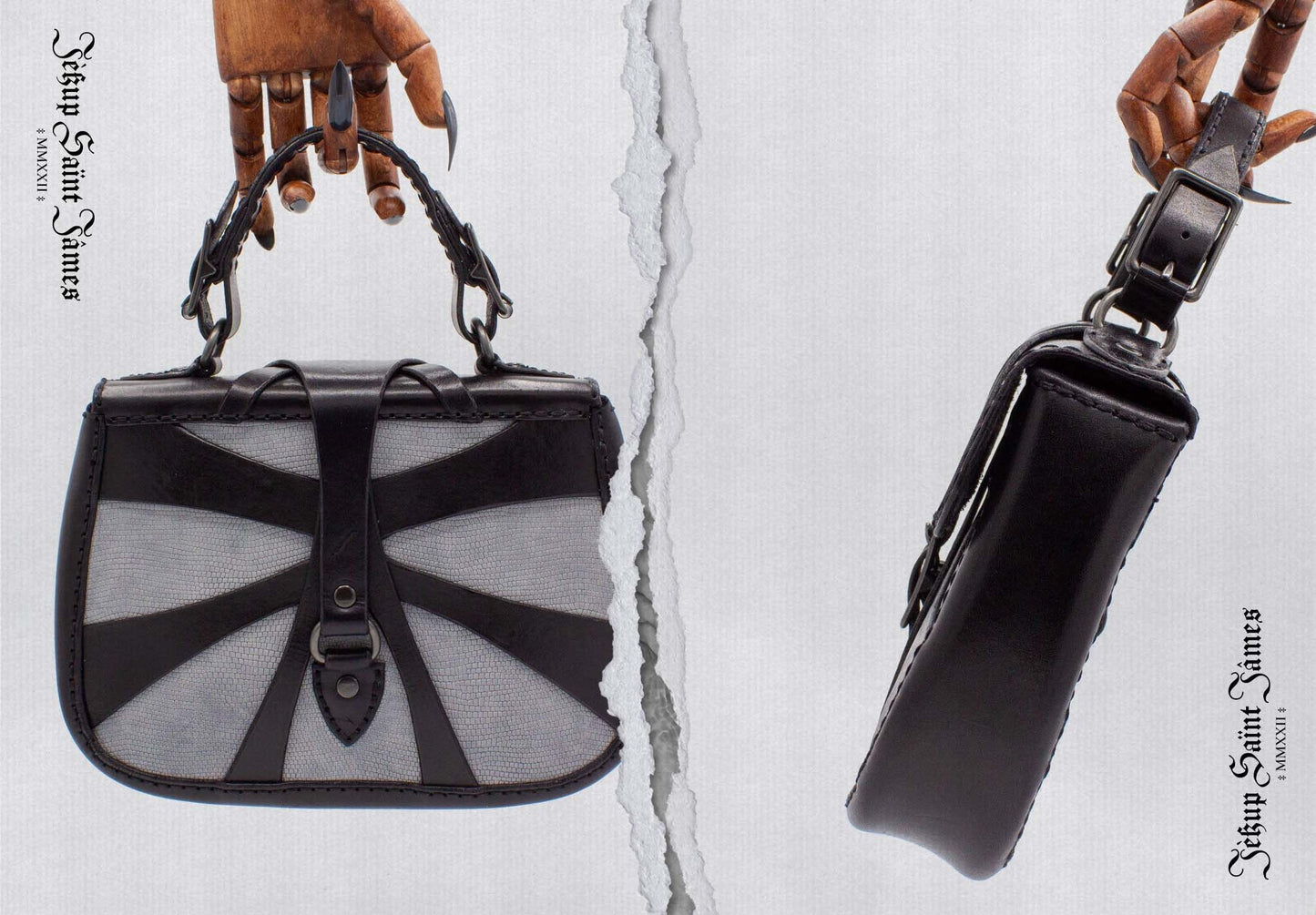 XXIV.Callisto: Leather Handbag Abstract Criss Cross Strap - Aged Shiny Black Pebble