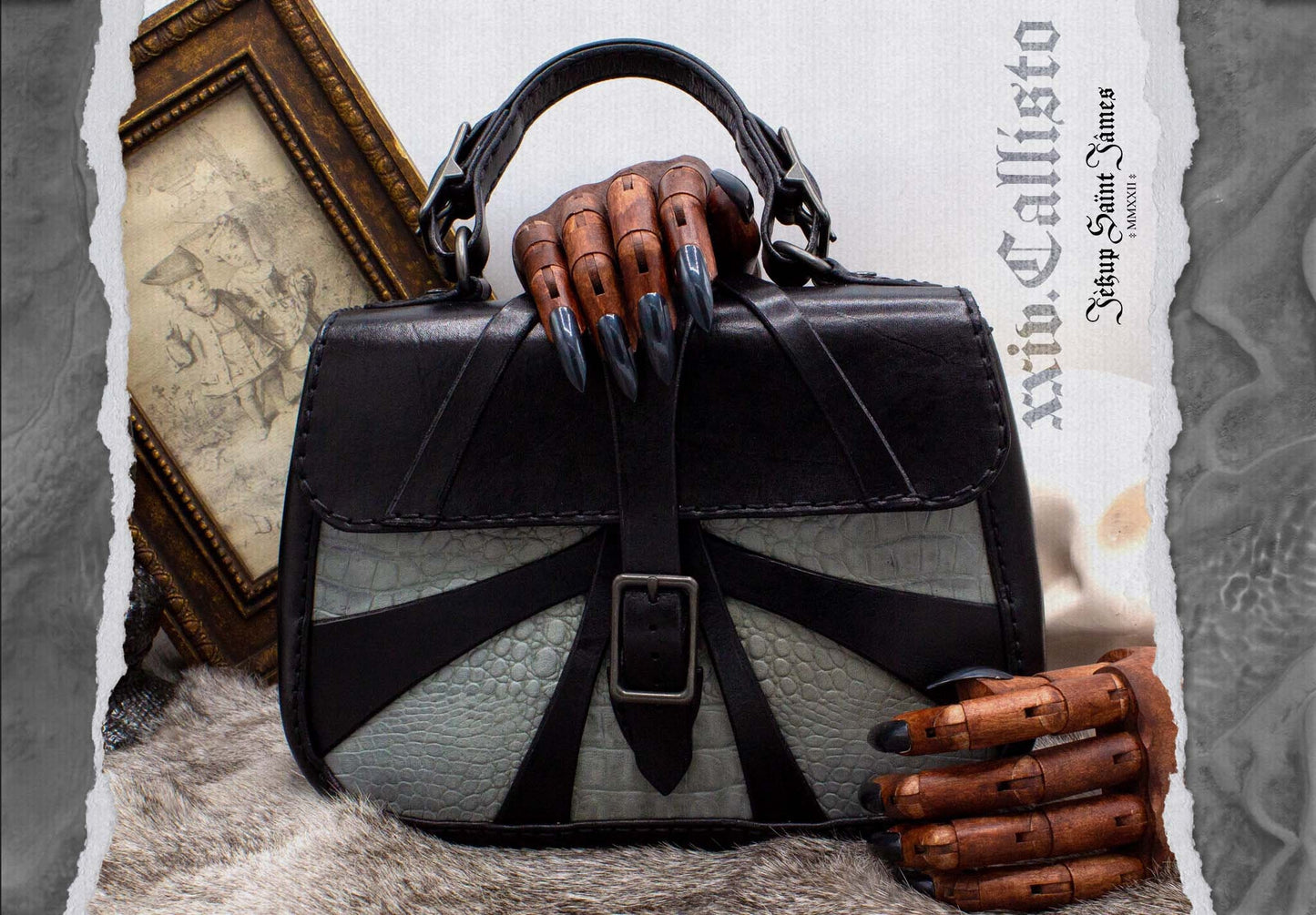 XXIV.Callisto: Leather Handbag Abstract Criss Cross Strap - Aged Shiny Black Light Ash