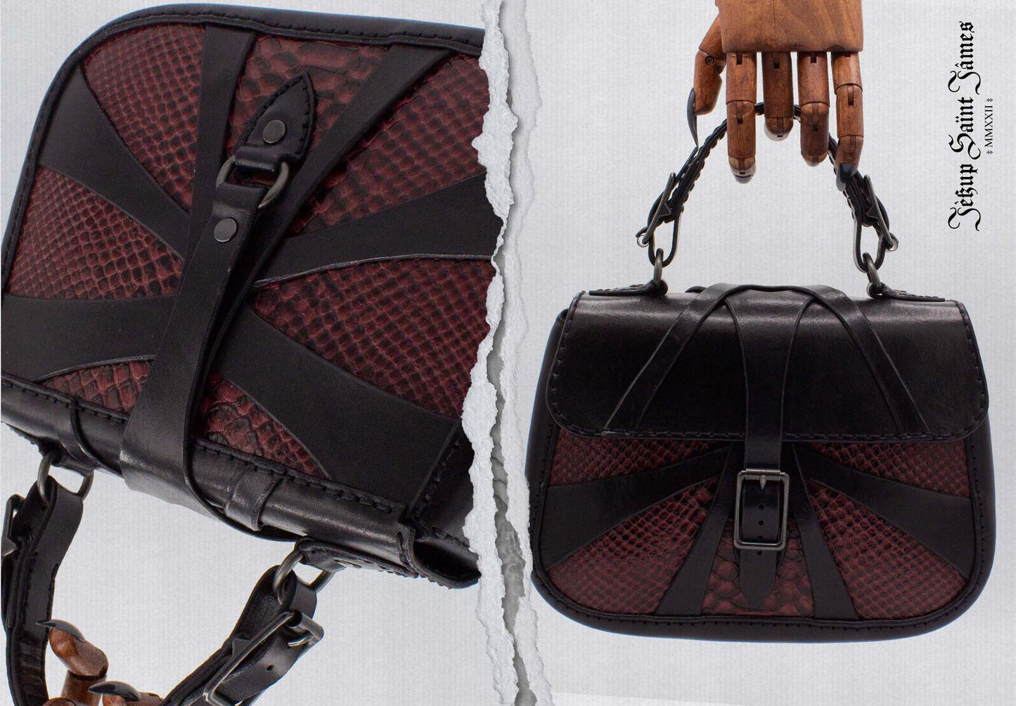 XXIV.Callisto: Leather Handbag Abstract Criss Cross Strap - Aged Shiny Black Burgundy Snake