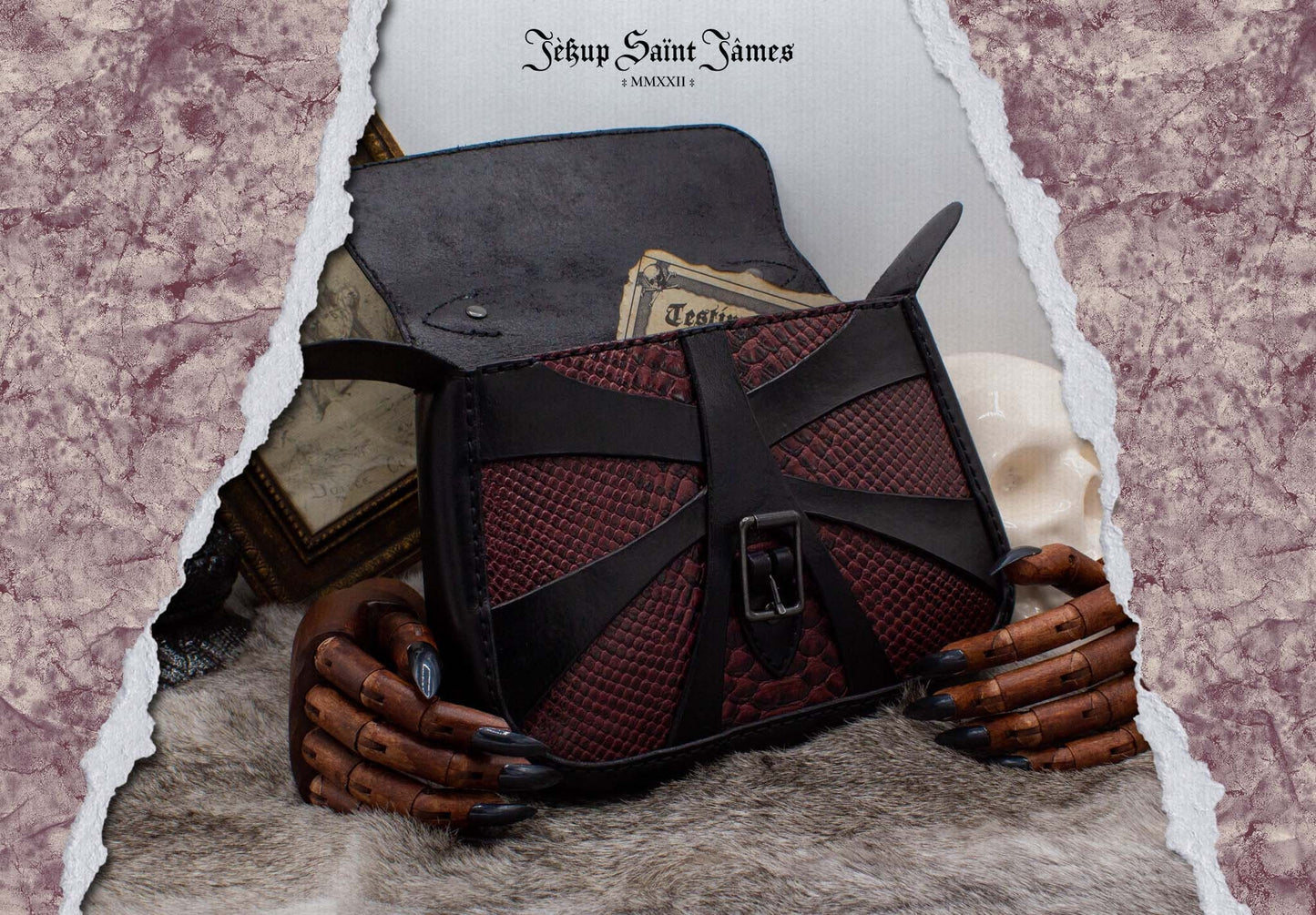 XXIV.Callisto: Leather Handbag Abstract Criss Cross Strap - Aged Shiny Black Burgundy Snake