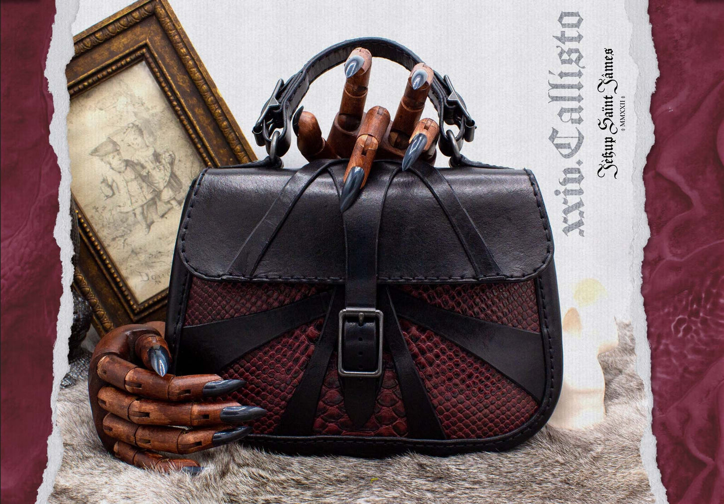 XXIV.Callisto: Leather Handbag Abstract Criss Cross Strap - Aged Shiny Black Burgundy Snake