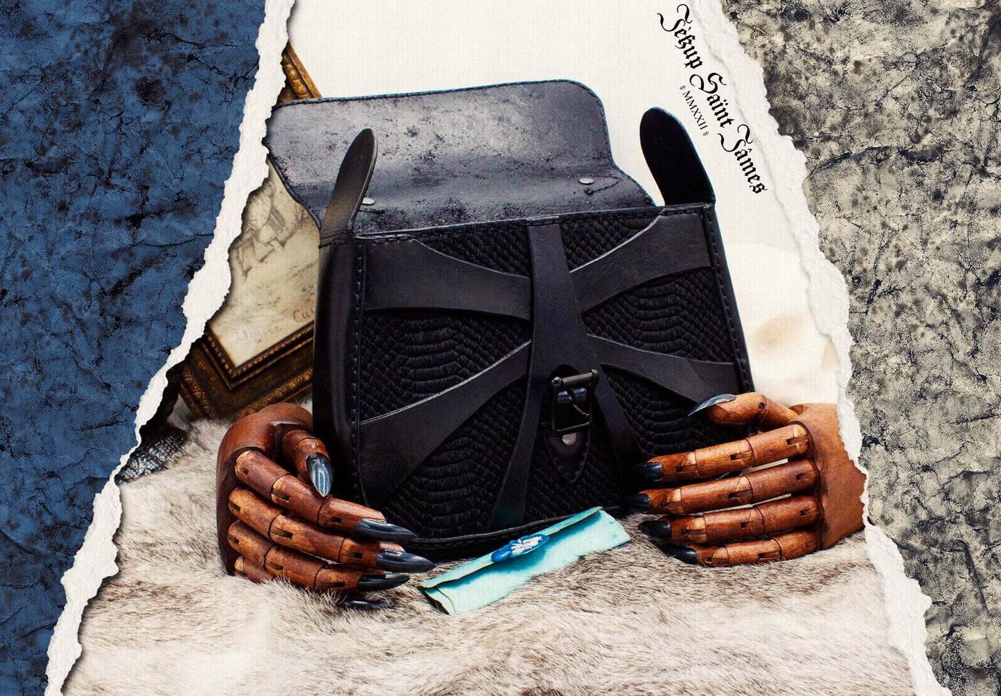 XXIV.Callisto: Leather Handbag Calf Hair Abstract Criss Cross Strap - Aged Shiny Black