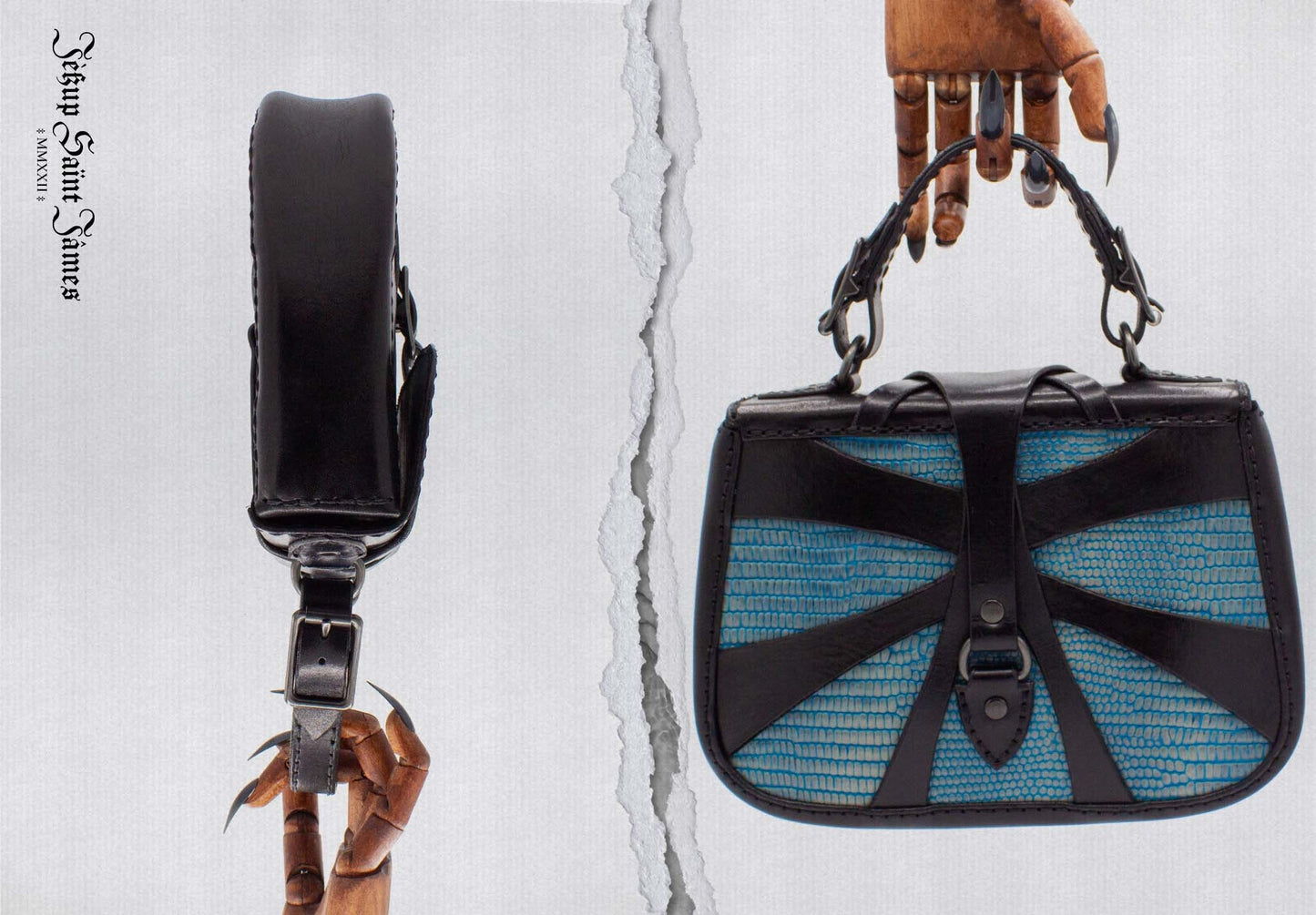 XXIV.Callisto: Leather Handbag Abstract Criss Cross Strap - Aged Shiny Black Capri Blue
