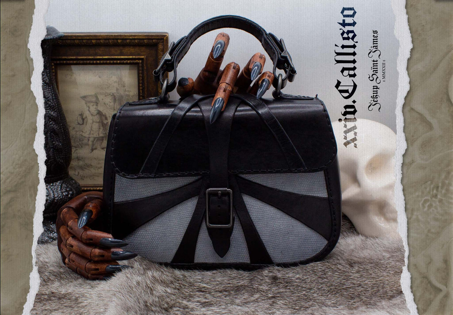 XXIV.Callisto: Leather Handbag Abstract Criss Cross Strap - Aged Shiny Black Pebble